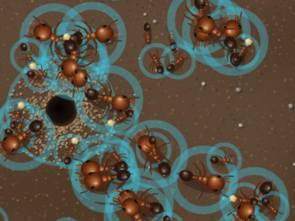 Fire ant workers, soldiers and big-headed majors swarming out of the nest, each ringed in blue