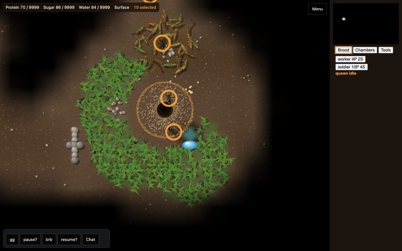 The full game screen: selected ants on the surface, resource bar, minimap and brood panel